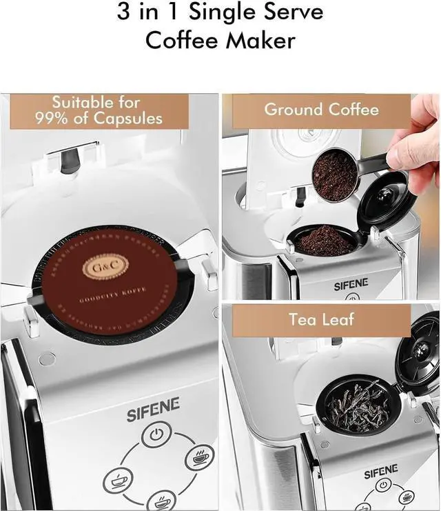 Alt view image 2 of 7 - SIFENE single serve coffee machine 3 in 1 pod coffee maker for k-pod capsule ground brewer leaf tea maker 6 to 10 ounce cup removable 50oz water reservoir white