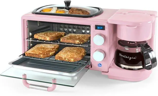 Main image of Nostalgia 3-in-1 Retro Breakfast Station - Includes 5 Cup Coffee Maker, Non-Stick Ceramic Griddle, and 4-Slice Toaster Oven - Built-In Timer, Reusable Coffee Filter, Space-Saving Design - Pink