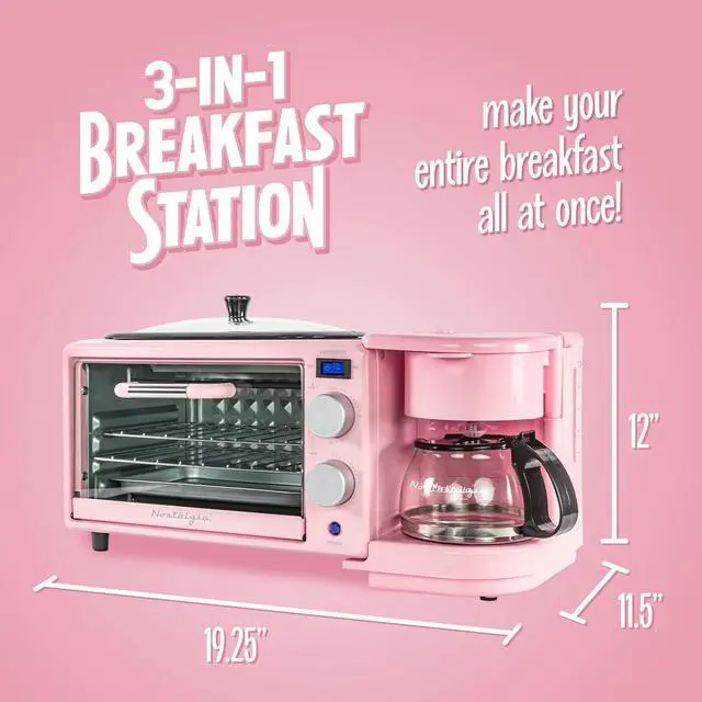 Alt view image 2 of 7 - Nostalgia 3-in-1 Retro Breakfast Station - Includes 5 Cup Coffee Maker, Non-Stick Ceramic Griddle, and 4-Slice Toaster Oven - Built-In Timer, Reusable Coffee Filter, Space-Saving Design - Pink
