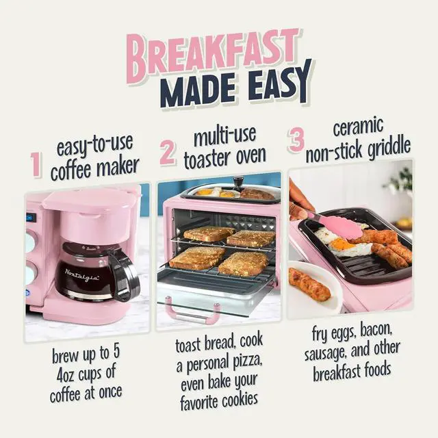 Alt view image 3 of 7 - Nostalgia 3-in-1 Retro Breakfast Station - Includes 5 Cup Coffee Maker, Non-Stick Ceramic Griddle, and 4-Slice Toaster Oven - Built-In Timer, Reusable Coffee Filter, Space-Saving Design - Pink