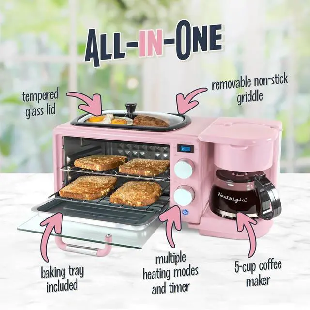 Alt view image 4 of 7 - Nostalgia 3-in-1 Retro Breakfast Station - Includes 5 Cup Coffee Maker, Non-Stick Ceramic Griddle, and 4-Slice Toaster Oven - Built-In Timer, Reusable Coffee Filter, Space-Saving Design - Pink