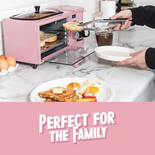 Alt view image 5 of 7 - Nostalgia 3-in-1 Retro Breakfast Station - Includes 5 Cup Coffee Maker, Non-Stick Ceramic Griddle, and 4-Slice Toaster Oven - Built-In Timer, Reusable Coffee Filter, Space-Saving Design - Pink