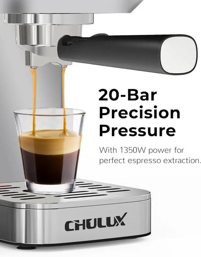 Alt view image 2 of 7 - CHULUX Kompatto Espresso Machine 20 Bar with Milk Frother, Stainless Steel Automatic Espresso Coffee Machine for Home Latte & Cappuccino Maker, 40oz Removable Water Tank, 1350W