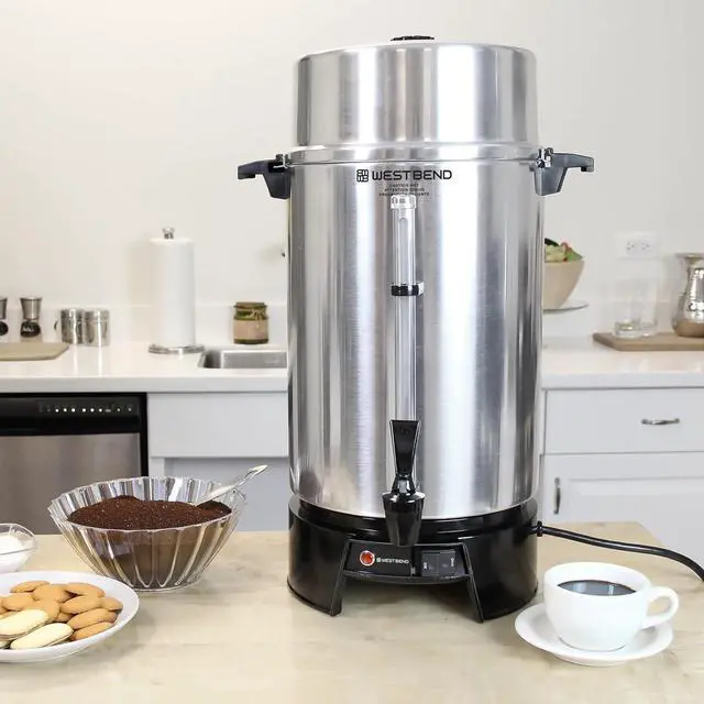 Alt view image 2 of 7 - West Bend 33600 Coffee Urn Commercial Highly-Polished Aluminum NSF Approved Features Automatic Temperature Control Large Capacity with Fast Brewing and Easy Clean Up, 100-Cup, Silver