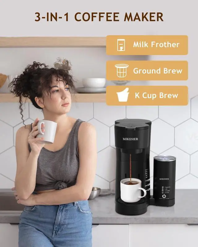 Alt view image 2 of 7 - 3IN1 Single Serve Coffee Maker for K Cup & Ground, Small Coffee Machine with Milk Frother, 6-14oz Brew Size, 28oz Water Tank, Adjustable Drip Tray