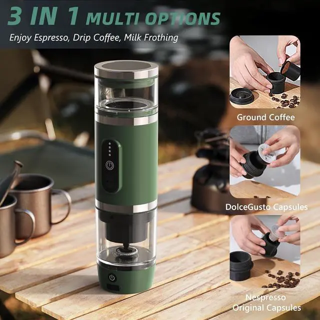 Alt view image 2 of 6 - Hobsir Portable Electric Espresso Maker, 9000mAh Milk Frother Travel Coffee Machine for Camping, Car Coffee Maker with Frothing Base, USB-C, 3in1 Capsule, Portable Small Espresso Coffe Machine, Green