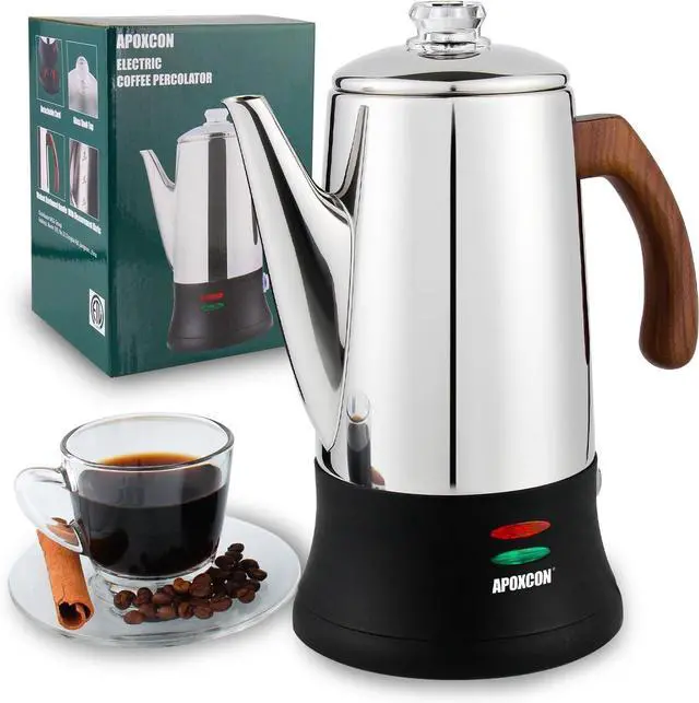Main image of Electric Coffee Percolator Stainless Steel Coffee Maker with Heat Resistant Tough Glass Clear Brew Progress Knob & Treated Solid Wood Handle Cordless Serving Coffee Pot On/OFF Switch 8 Cup
