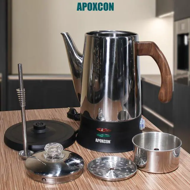 Alt view image 2 of 7 - Electric Coffee Percolator Stainless Steel Coffee Maker with Heat Resistant Tough Glass Clear Brew Progress Knob & Treated Solid Wood Handle Cordless Serving Coffee Pot On/OFF Switch 8 Cup