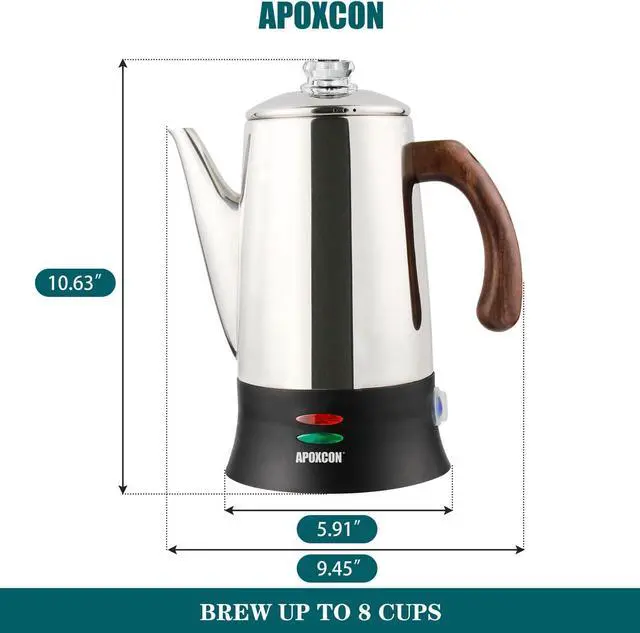 Alt view image 3 of 7 - Electric Coffee Percolator Stainless Steel Coffee Maker with Heat Resistant Tough Glass Clear Brew Progress Knob & Treated Solid Wood Handle Cordless Serving Coffee Pot On/OFF Switch 8 Cup