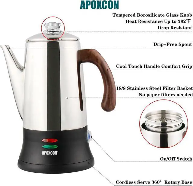 Alt view image 4 of 7 - Electric Coffee Percolator Stainless Steel Coffee Maker with Heat Resistant Tough Glass Clear Brew Progress Knob & Treated Solid Wood Handle Cordless Serving Coffee Pot On/OFF Switch 8 Cup