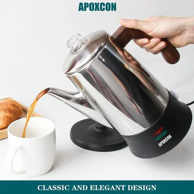 Alt view image 6 of 7 - Electric Coffee Percolator Stainless Steel Coffee Maker with Heat Resistant Tough Glass Clear Brew Progress Knob & Treated Solid Wood Handle Cordless Serving Coffee Pot On/OFF Switch 8 Cup