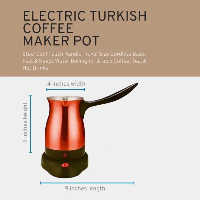 Alt view image 5 of 7 - Electric Turkish Coffee Maker Warmer Kettle Pot Premium Quality Stainless Steel Cool Touch Handle Travel Size, Fast Boil & Keeps Water Boiling for Arabic & Greek Coffee, Tea, & Hot Drinks 0.3L