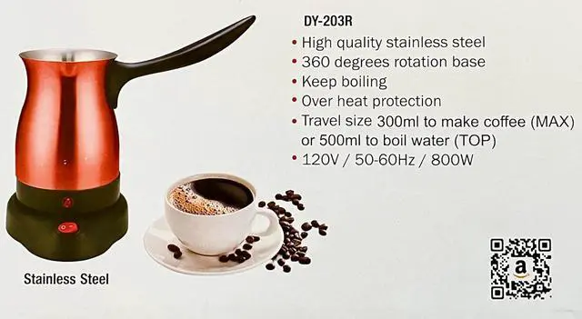 Alt view image 7 of 7 - Electric Turkish Coffee Maker Warmer Kettle Pot Premium Quality Stainless Steel Cool Touch Handle Travel Size, Fast Boil & Keeps Water Boiling for Arabic & Greek Coffee, Tea, & Hot Drinks 0.3L