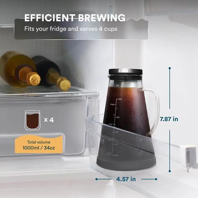 Alt view image 2 of 7 - OVALWARE Airtight Cold Brew Iced Coffee Maker Pitcher and Tea Infuser with Spout - 1.0L / 34oz Ovalware RJ3 Brewing Glass Carafe with Removable Stainless Steel Filter