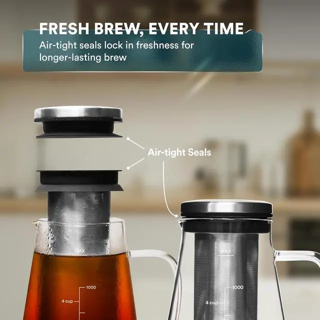 Alt view image 4 of 7 - OVALWARE Airtight Cold Brew Iced Coffee Maker Pitcher and Tea Infuser with Spout - 1.0L / 34oz Ovalware RJ3 Brewing Glass Carafe with Removable Stainless Steel Filter