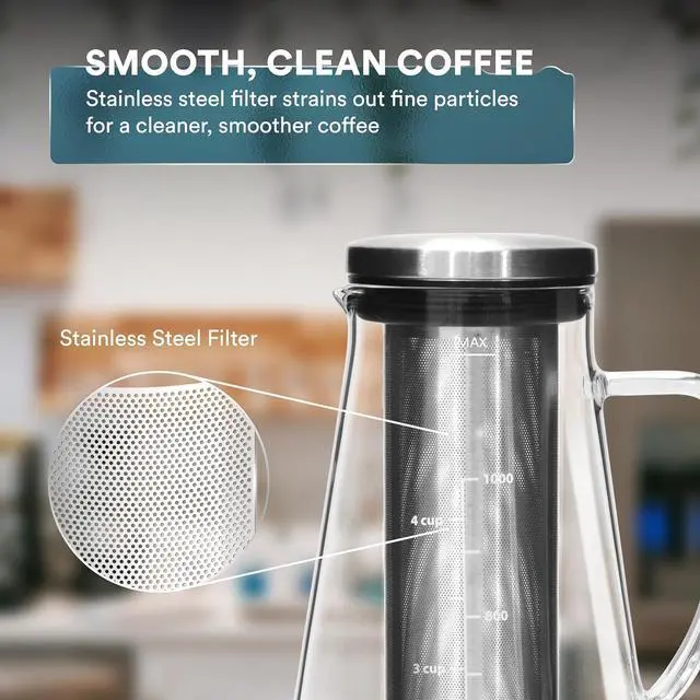 Alt view image 6 of 7 - OVALWARE Airtight Cold Brew Iced Coffee Maker Pitcher and Tea Infuser with Spout - 1.0L / 34oz Ovalware RJ3 Brewing Glass Carafe with Removable Stainless Steel Filter