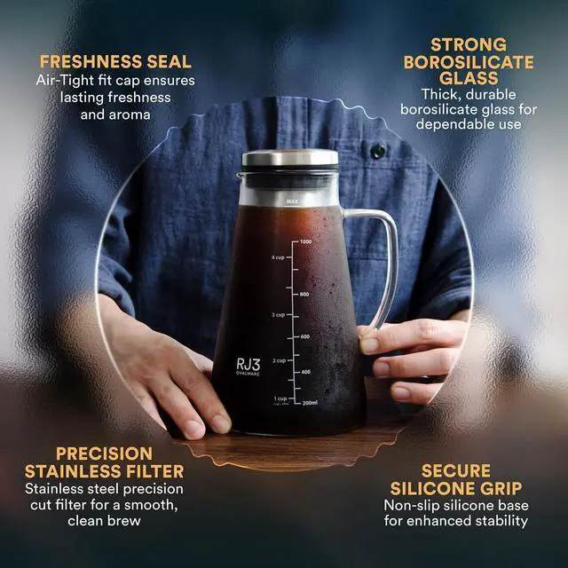 Alt view image 7 of 7 - OVALWARE Airtight Cold Brew Iced Coffee Maker Pitcher and Tea Infuser with Spout - 1.0L / 34oz Ovalware RJ3 Brewing Glass Carafe with Removable Stainless Steel Filter