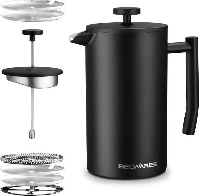 Main image of French Press Coffee Maker 34 Oz - Insulated Coffee Press Stainless Steel 304 - Double Wall & 4 Level Filtration System (1 Liter) - Black