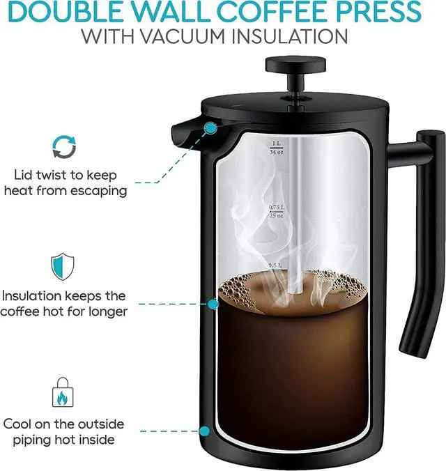 Alt view image 4 of 7 - French Press Coffee Maker 34 Oz - Insulated Coffee Press Stainless Steel 304 - Double Wall & 4 Level Filtration System (1 Liter) - Black