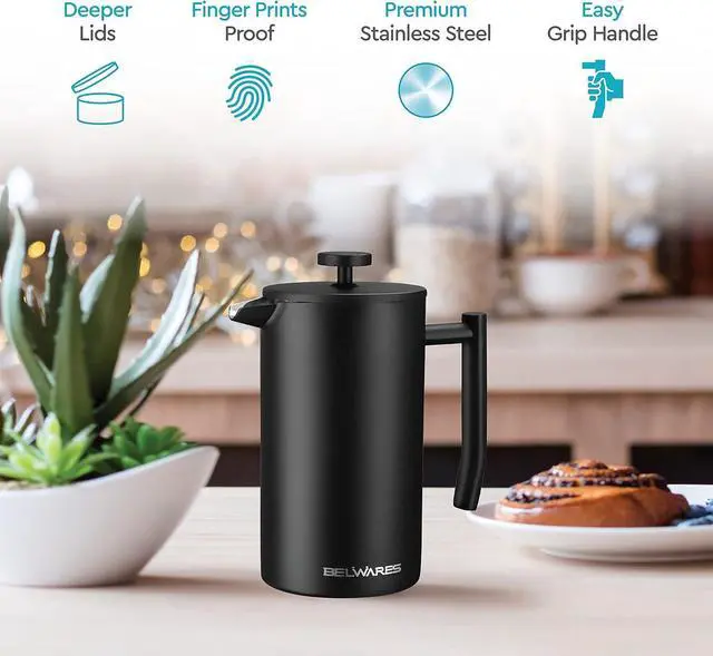Alt view image 5 of 7 - French Press Coffee Maker 34 Oz - Insulated Coffee Press Stainless Steel 304 - Double Wall & 4 Level Filtration System (1 Liter) - Black