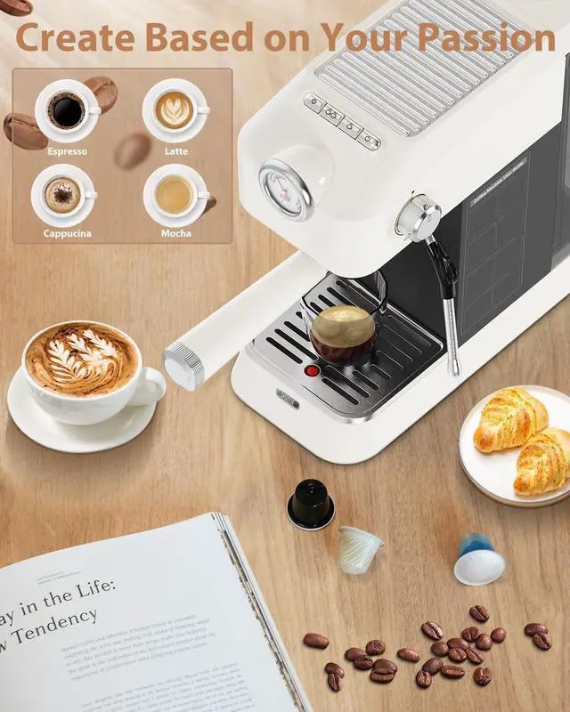 Alt view image 6 of 7 - 20 Bar Espresso Machine, [2-In-1] Pro Coffee and Espresso Maker with Pressure Gauge/Milk Frother Steam Wand, 1300w Stainless Steel Espresso Coffee Maker with NTC&Pre-Infusion, Latte,Cappuccino