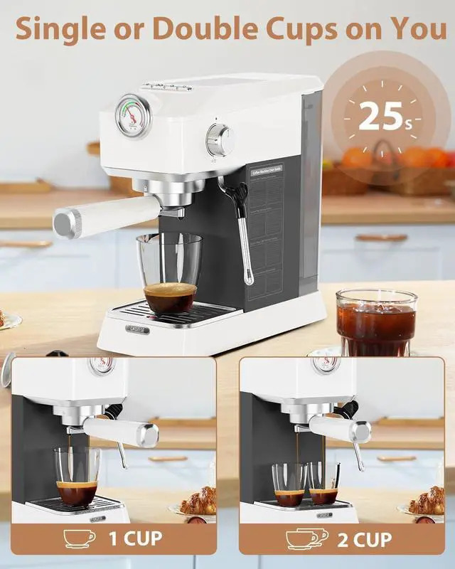 Alt view image 4 of 7 - 20 Bar Espresso Machine, [2-In-1] Pro Coffee and Espresso Maker with Pressure Gauge/Milk Frother Steam Wand, 1300w Stainless Steel Espresso Coffee Maker with NTC&Pre-Infusion, Latte,Cappuccino