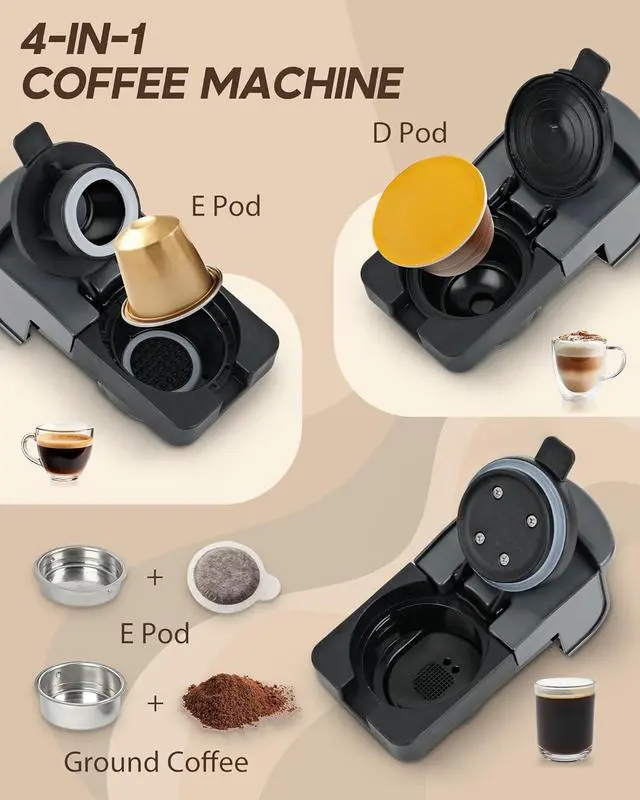Alt view image 2 of 7 - Multi-Capsule Espresso Machine, Brews Coffee or Hot Water, 20Bar Pressure, Compatible with Nespresso, Dolce Gusto, ESE Pods & Ground Coffee, Smart & Compact Design for Any Space,CM-C05A