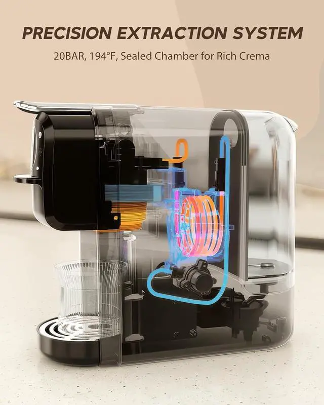 Alt view image 5 of 7 - Multi-Capsule Espresso Machine, Brews Coffee or Hot Water, 20Bar Pressure, Compatible with Nespresso, Dolce Gusto, ESE Pods & Ground Coffee, Smart & Compact Design for Any Space,CM-C05A