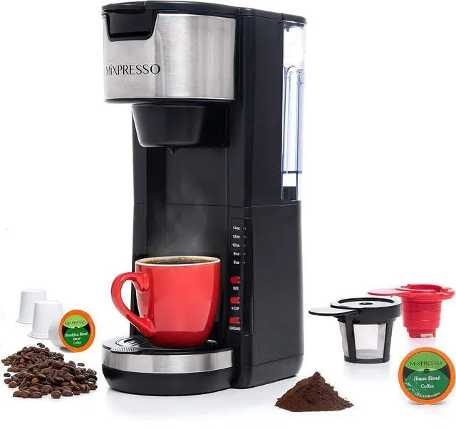 Main image of Mixpresso Single Serve Coffee Brewer K-Cup Pods Compatible & Ground Coffee, 30 oz Compact Coffee Maker Single Serve With 5 Brew Sizes Up To 14 Oz, Fits Travel Mug, Adjustable Drip Tray, Black