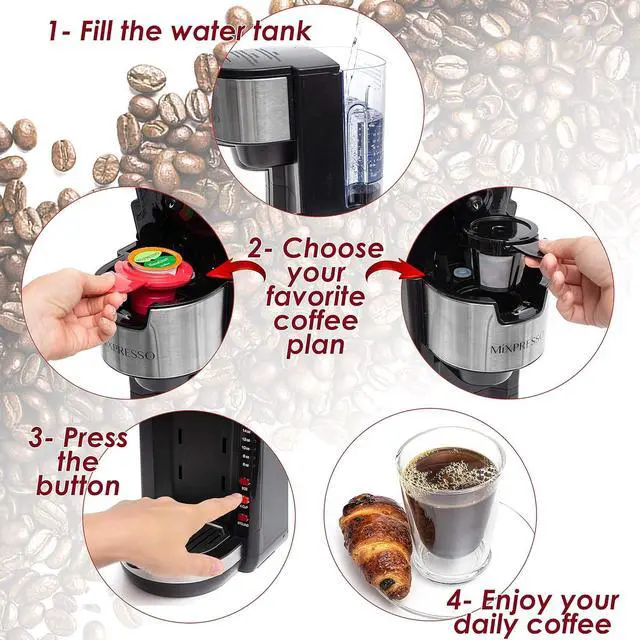 Alt view image 2 of 7 - Mixpresso Single Serve Coffee Brewer K-Cup Pods Compatible & Ground Coffee, 30 oz Compact Coffee Maker Single Serve With 5 Brew Sizes Up To 14 Oz, Fits Travel Mug, Adjustable Drip Tray, Black