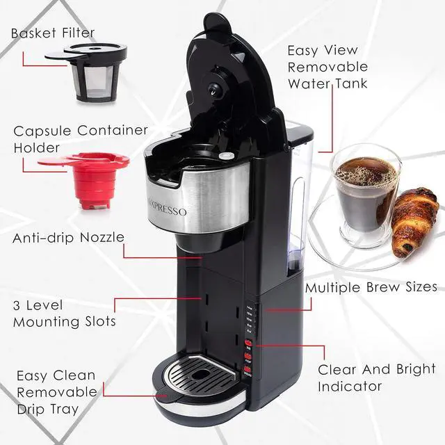 Alt view image 3 of 7 - Mixpresso Single Serve Coffee Brewer K-Cup Pods Compatible & Ground Coffee, 30 oz Compact Coffee Maker Single Serve With 5 Brew Sizes Up To 14 Oz, Fits Travel Mug, Adjustable Drip Tray, Black