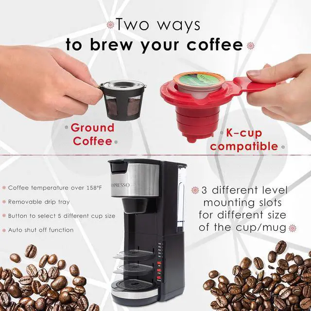 Alt view image 7 of 7 - Mixpresso Single Serve Coffee Brewer K-Cup Pods Compatible & Ground Coffee, 30 oz Compact Coffee Maker Single Serve With 5 Brew Sizes Up To 14 Oz, Fits Travel Mug, Adjustable Drip Tray, Black