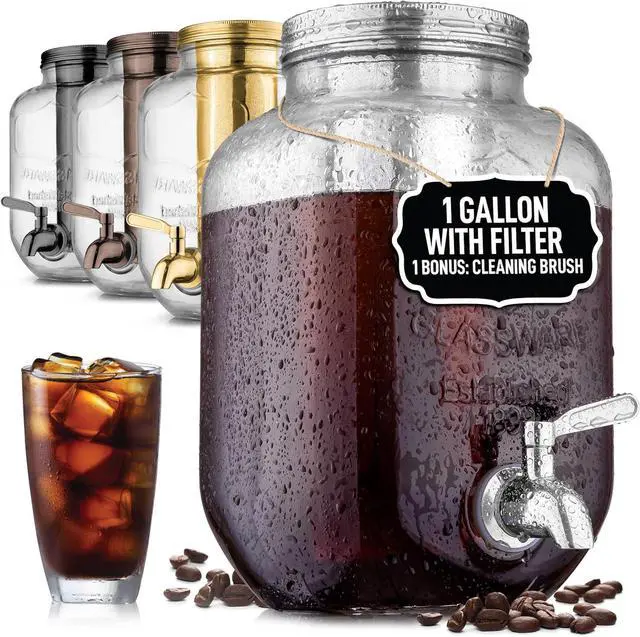 Main image of Zulay Kitchen 1 Gallon Cold Brew Coffee Maker  Thick Glass Pitcher with Stainless Steel Filter, Lid & Spout  Large Mason Jar Container Dispenser - Iced Coffee & Sun Tea Brewer for Fridge  Silver