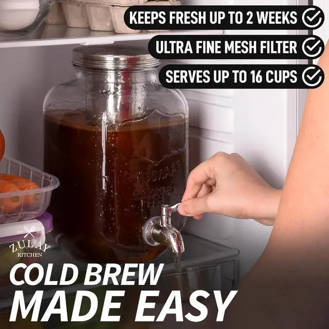 Alt view image 4 of 7 - Zulay Kitchen 1 Gallon Cold Brew Coffee Maker  Thick Glass Pitcher with Stainless Steel Filter, Lid & Spout  Large Mason Jar Container Dispenser - Iced Coffee & Sun Tea Brewer for Fridge  Silver