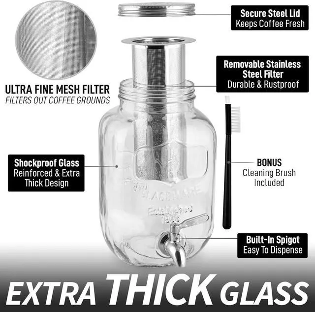 Alt view image 7 of 7 - Zulay Kitchen 1 Gallon Cold Brew Coffee Maker  Thick Glass Pitcher with Stainless Steel Filter, Lid & Spout  Large Mason Jar Container Dispenser - Iced Coffee & Sun Tea Brewer for Fridge  Silver