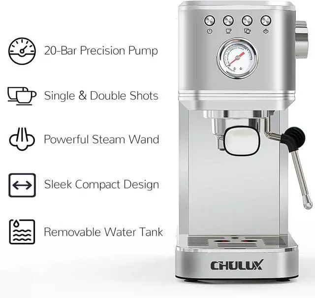 Alt view image 3 of 7 - CHULUX Kompatto Espresso Machine 20 Bar with Milk Frother, Stainless Steel Automatic Espresso Coffee Machine for Home Latte & Cappuccino Maker, 40oz Removable Water Tank, 1350W