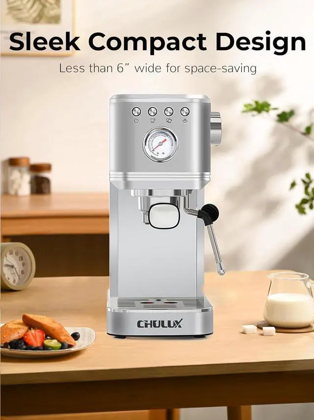 Alt view image 5 of 7 - CHULUX Kompatto Espresso Machine 20 Bar with Milk Frother, Stainless Steel Automatic Espresso Coffee Machine for Home Latte & Cappuccino Maker, 40oz Removable Water Tank, 1350W