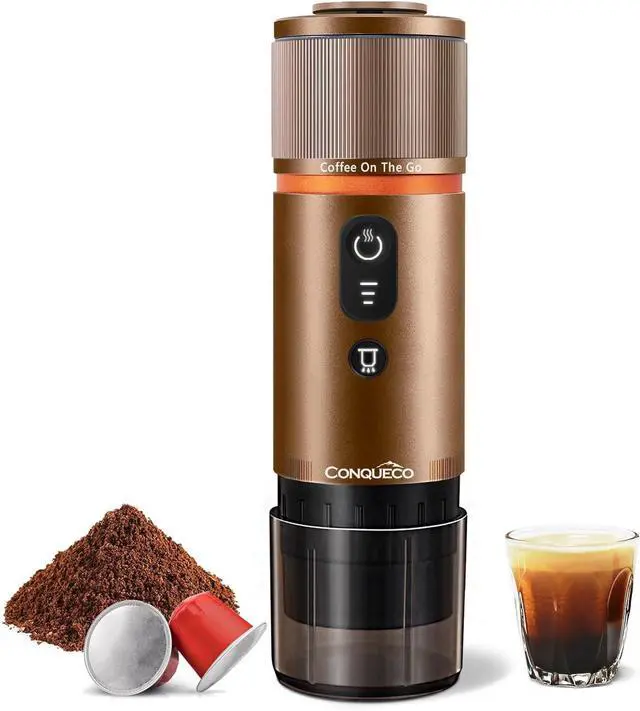 Main image of CONQUECO Portable Espresso Coffee Machine: 12V Electric Small Travel Expresso Maker - Self Heating 8 Cups Battery Powered Compatible for Nespresso Capsule - for Camping RV Hiking Office (Brown)