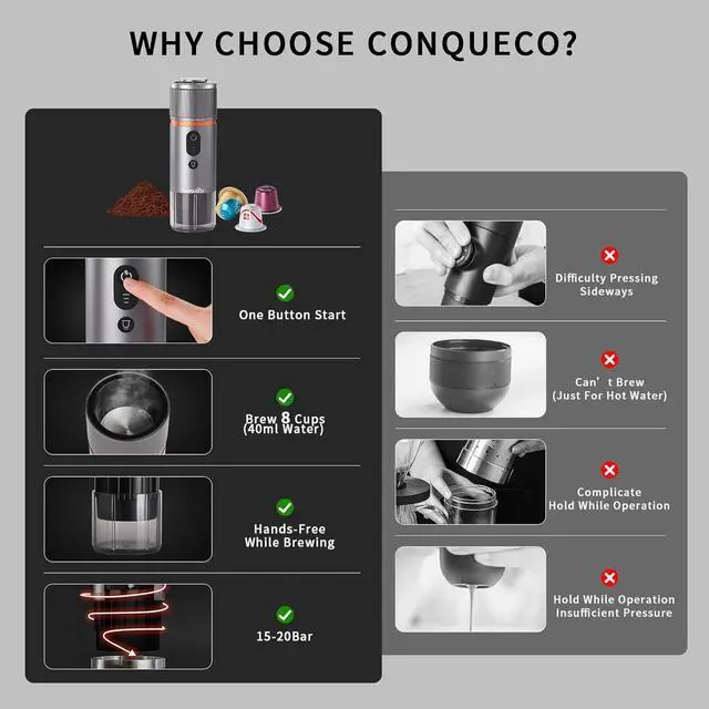 Alt view image 4 of 7 - CONQUECO Portable Espresso Coffee Machine: 12V Electric Small Travel Expresso Maker - Self Heating 8 Cups Battery Powered Compatible for Nespresso Capsule - for Camping RV Hiking Office (Brown)