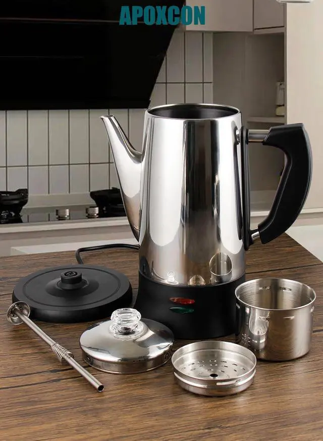 Alt view image 2 of 7 - Electric Coffee Percolator Stainless Steel Coffee Maker with Two Heat Resistant Tough Glass Clear Brew Progress Knob Classic Look Keep Warm & Cordless Serving Coffee Pot 12 Cup