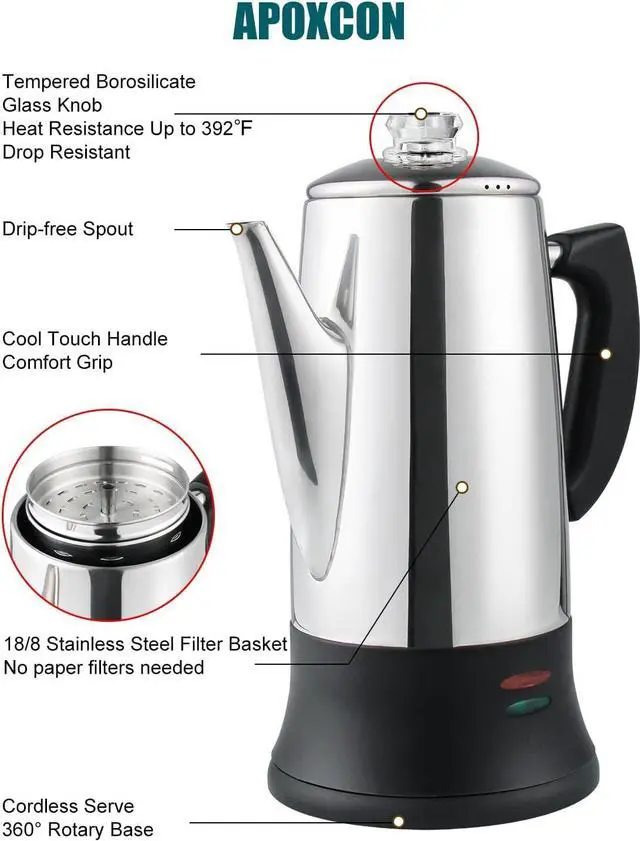Alt view image 3 of 7 - Electric Coffee Percolator Stainless Steel Coffee Maker with Two Heat Resistant Tough Glass Clear Brew Progress Knob Classic Look Keep Warm & Cordless Serving Coffee Pot 12 Cup