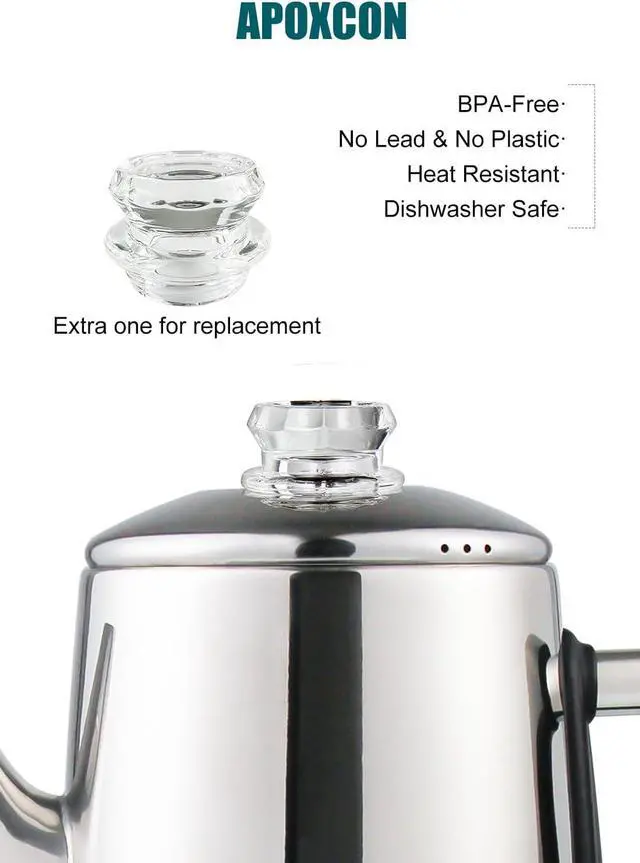 Alt view image 4 of 7 - Electric Coffee Percolator Stainless Steel Coffee Maker with Two Heat Resistant Tough Glass Clear Brew Progress Knob Classic Look Keep Warm & Cordless Serving Coffee Pot 12 Cup