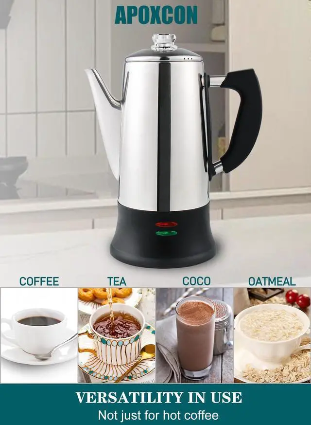 Alt view image 6 of 7 - Electric Coffee Percolator Stainless Steel Coffee Maker with Two Heat Resistant Tough Glass Clear Brew Progress Knob Classic Look Keep Warm & Cordless Serving Coffee Pot 12 Cup