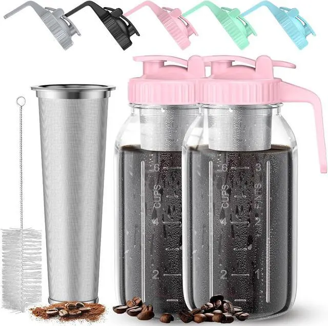 Main image of Cold Brew Coffee Maker Jar - 2 Pack 64 oz Glass Cold Brew Maker with Handle, Stainless Steel Filter & Leak-Proof Lid, Heavy Duty Cold Brew Pitcher for Iced Coffee, Sun Tea, and Milk