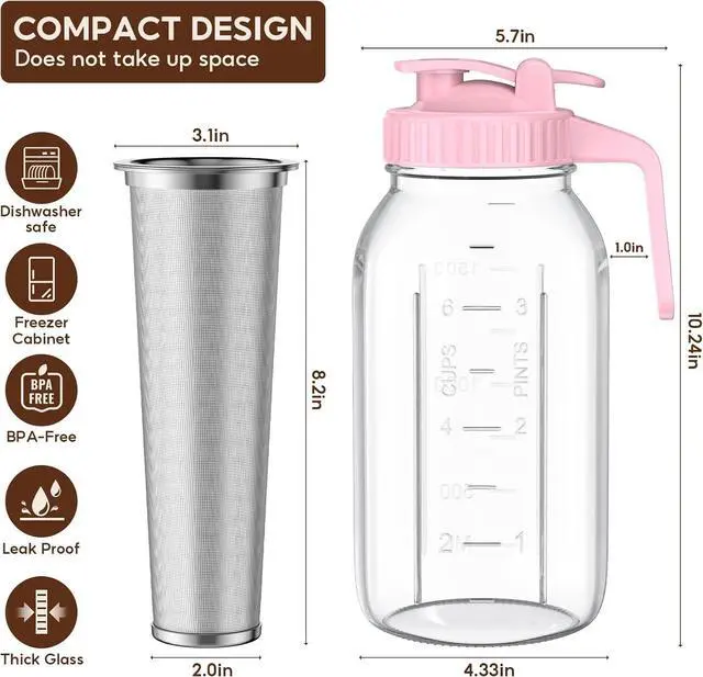 Alt view image 3 of 7 - Cold Brew Coffee Maker Jar - 2 Pack 64 oz Glass Cold Brew Maker with Handle, Stainless Steel Filter & Leak-Proof Lid, Heavy Duty Cold Brew Pitcher for Iced Coffee, Sun Tea, and Milk