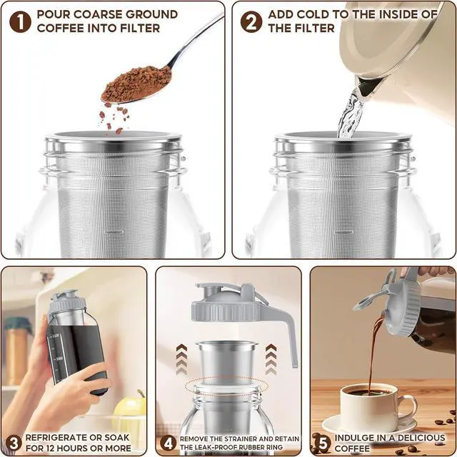 Alt view image 4 of 7 - Cold Brew Coffee Maker Jar - 2 Pack 64 oz Glass Cold Brew Maker with Handle, Stainless Steel Filter & Leak-Proof Lid, Heavy Duty Cold Brew Pitcher for Iced Coffee, Sun Tea, and Milk