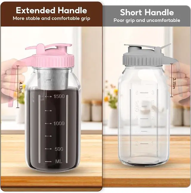 Alt view image 6 of 7 - Cold Brew Coffee Maker Jar - 2 Pack 64 oz Glass Cold Brew Maker with Handle, Stainless Steel Filter & Leak-Proof Lid, Heavy Duty Cold Brew Pitcher for Iced Coffee, Sun Tea, and Milk