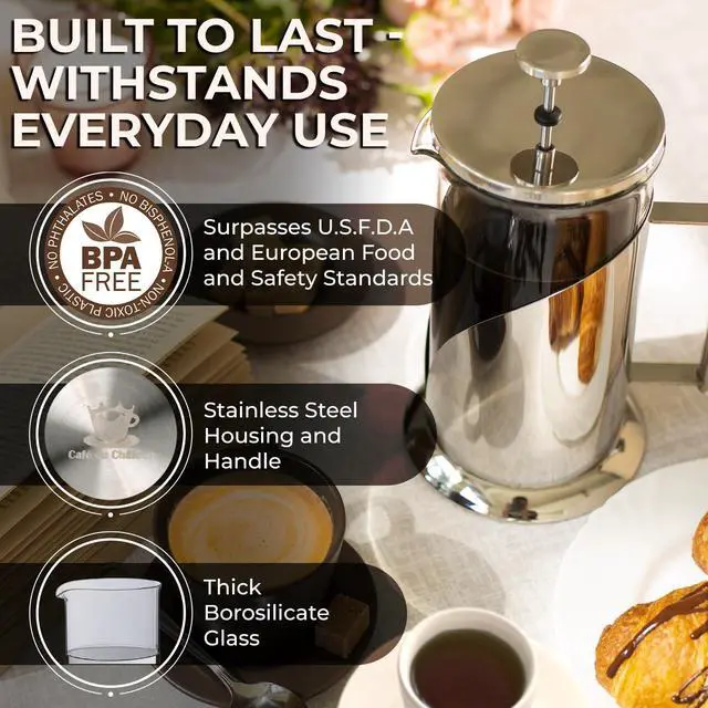 Alt view image 4 of 7 - Cafe Du Chateau Stainless Steel French Press Coffee Maker - 34oz Insulated Coffee Press with 4-Level Filtration, BPA Free, Durable Glass, Great for Tea