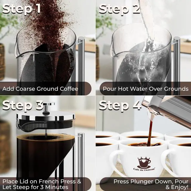 Alt view image 5 of 7 - Cafe Du Chateau Stainless Steel French Press Coffee Maker - 34oz Insulated Coffee Press with 4-Level Filtration, BPA Free, Durable Glass, Great for Tea