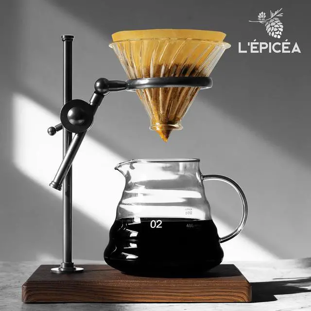 Alt view image 2 of 7 - L'ÉPICÉA Pour Over Coffee Maker Set, Pour Over Coffee Maker with Stand, Adjustable Stainless Steel Stand, Wooden Base, Paper Filters, Cone Glass Carafe, Pour Over Coffee Dripper (Black)